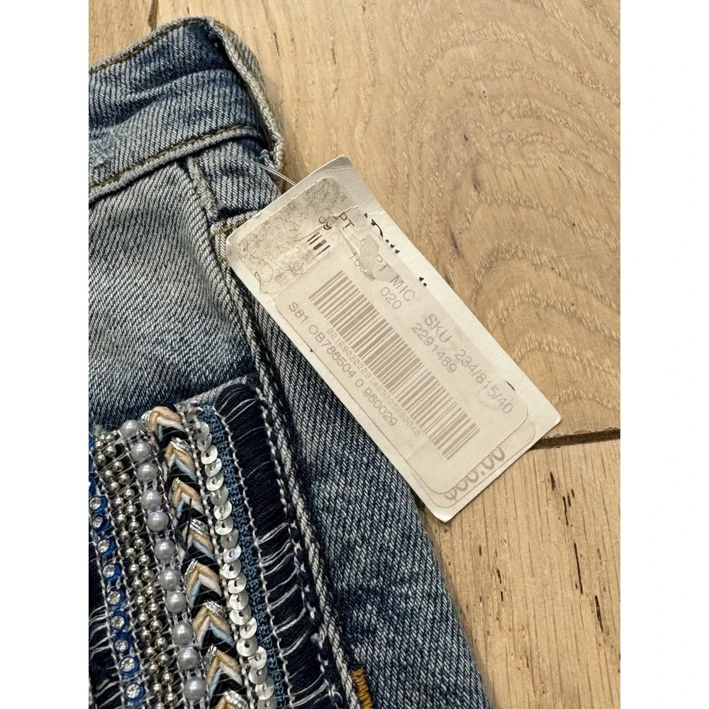NWT Free People Beaded‎ Sequin Western Cowgirl Distressed Denim Mini Skirt Sz 0